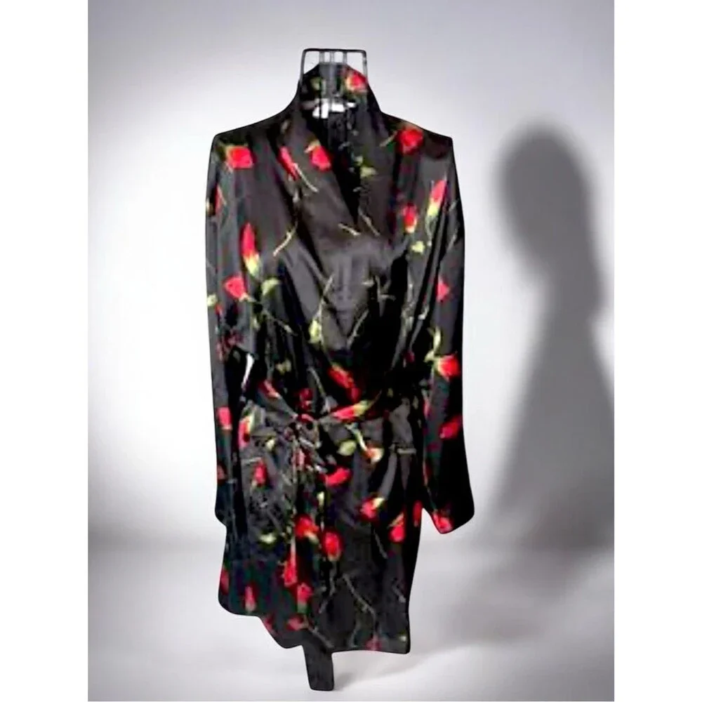 Vtg Y2K Victoria’s Secret Satin Rose Print Robe 2002 Black Silky Tie Front Robe